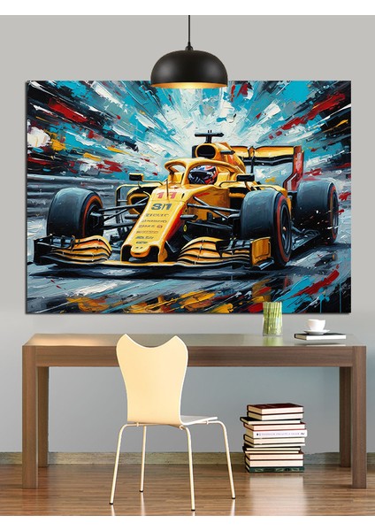Yarış Pistinde Formula 1 Aracı Dekoratif Kanvas - Mdf Ahşap Tablo