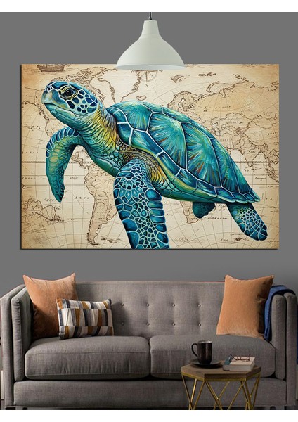 Deniz Kaplumbağası Eski Harita Üzerinde Dekoratif Kanvas - Mdf Ahşap Tablo