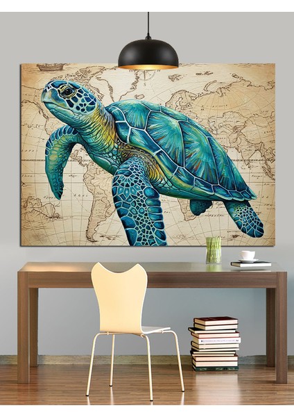 Deniz Kaplumbağası Eski Harita Üzerinde Dekoratif Kanvas - Mdf Ahşap Tablo fiyatları