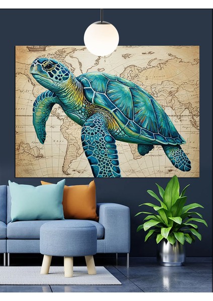 Deniz Kaplumbağası Eski Harita Üzerinde Dekoratif Kanvas - Mdf Ahşap Tablo modelleri