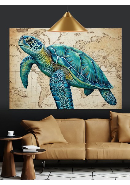Deniz Kaplumbağası Eski Harita Üzerinde Dekoratif Kanvas - Mdf Ahşap Tablo fırsatları