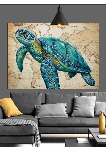 Deniz Kaplumbağası Eski Harita Üzerinde Dekoratif Kanvas - Mdf Ahşap Tablo indirimleri