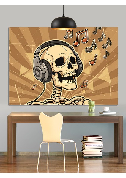 Kulaklıklı Kurukafa Müzik Dinliyor Dekoratif Kanvas - Mdf Ahşap Tablo