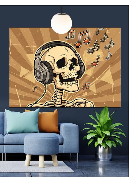 Kulaklıklı Kurukafa Müzik Dinliyor Dekoratif Kanvas - Mdf Ahşap Tablo fiyatları