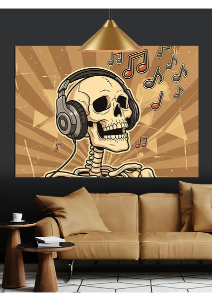 Kulaklıklı Kurukafa Müzik Dinliyor Dekoratif Kanvas - Mdf Ahşap Tablo modelleri