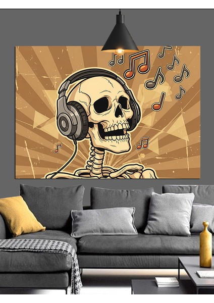 Kulaklıklı Kurukafa Müzik Dinliyor Dekoratif Kanvas - Mdf Ahşap Tablo fırsatları