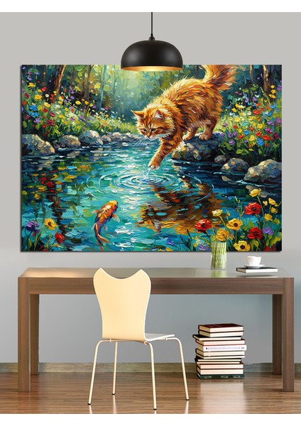 Gölde Balık Yakalamaya Çalışan Şirin Kedi Dekoratif Kanvas - Mdf Ahşap Tablo