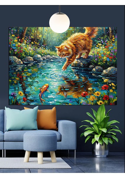 Gölde Balık Yakalamaya Çalışan Şirin Kedi Dekoratif Kanvas - Mdf Ahşap Tablo fiyatları