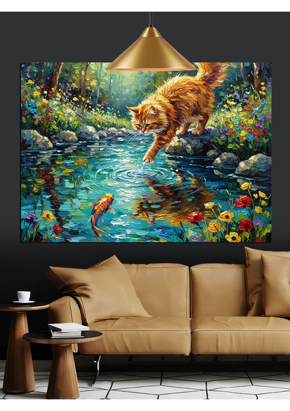 Gölde Balık Yakalamaya Çalışan Şirin Kedi Dekoratif Kanvas - Mdf Ahşap Tablo modelleri