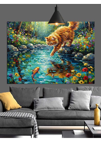 Gölde Balık Yakalamaya Çalışan Şirin Kedi Dekoratif Kanvas - Mdf Ahşap Tablo fırsatları
