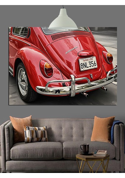 Kırmızı Kaplumbağa Araba Retro Dekoratif Kanvas - Mdf Ahşap Tablo