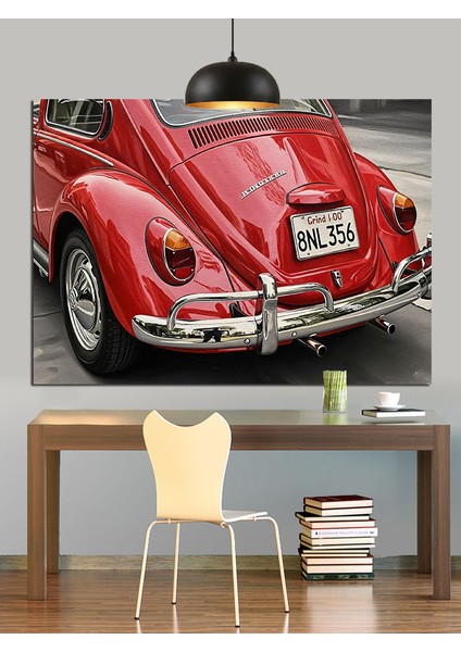 Kırmızı Kaplumbağa Araba Retro Dekoratif Kanvas - Mdf Ahşap Tablo fiyatları