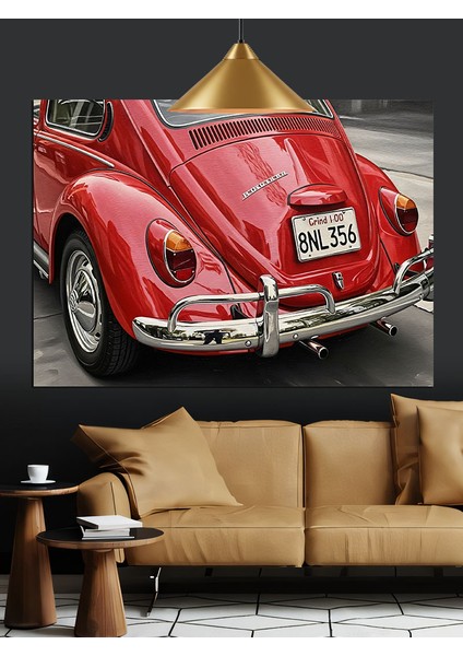 Kırmızı Kaplumbağa Araba Retro Dekoratif Kanvas - Mdf Ahşap Tablo fırsatları