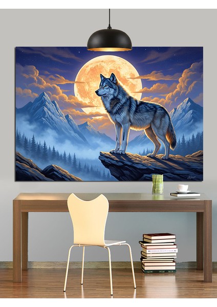 Dolunay Kızılderili Kurt Dekoratif Kanvas - Mdf Ahşap Tablo