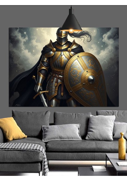 Zırhlı Şövalye Kılıç Kalkan Dekoratif Kanvas - Mdf Ahşap Tablo
