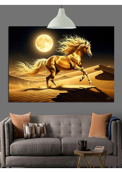 Koşan Altın At Dolunay Dekoratif Kanvas - Mdf Ahşap Tablo