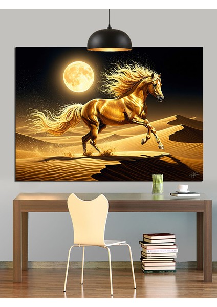 Koşan Altın At Dolunay Dekoratif Kanvas - Mdf Ahşap Tablo fiyatları