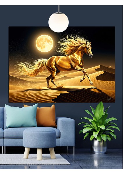Koşan Altın At Dolunay Dekoratif Kanvas - Mdf Ahşap Tablo modelleri
