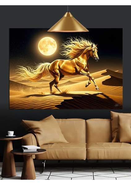 Koşan Altın At Dolunay Dekoratif Kanvas - Mdf Ahşap Tablo fırsatları