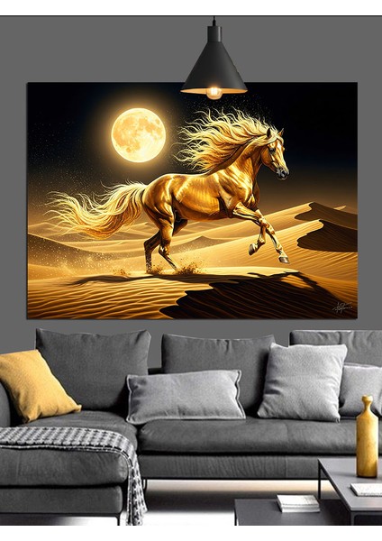 Koşan Altın At Dolunay Dekoratif Kanvas - Mdf Ahşap Tablo indirimleri