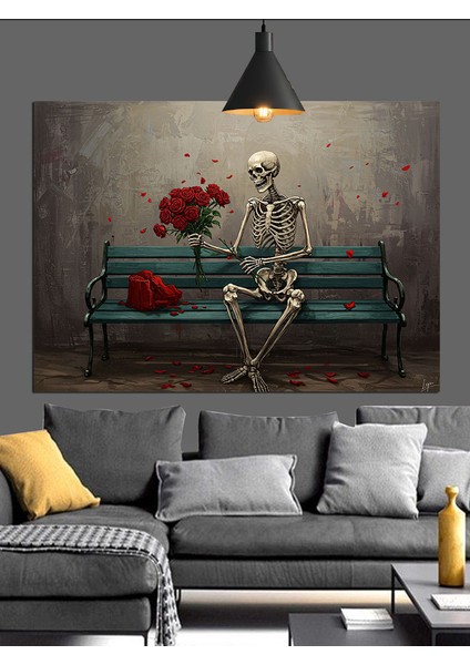 Bankta Oturan Iskelet Dekoratif Kanvas - Mdf Ahşap Tablo