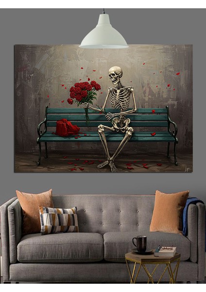 Bankta Oturan Iskelet Dekoratif Kanvas - Mdf Ahşap Tablo fiyatları