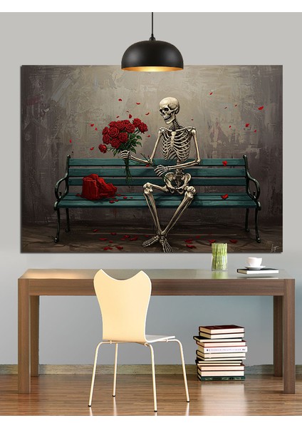 Bankta Oturan Iskelet Dekoratif Kanvas - Mdf Ahşap Tablo modelleri