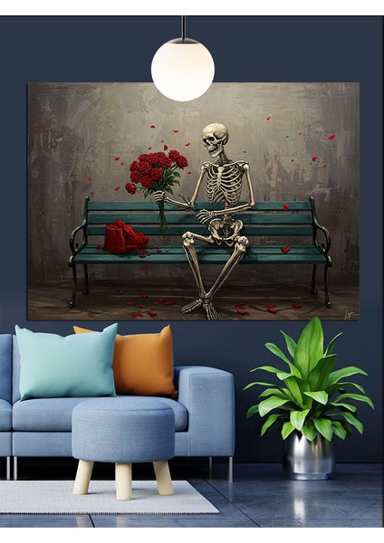 Bankta Oturan Iskelet Dekoratif Kanvas - Mdf Ahşap Tablo fırsatları