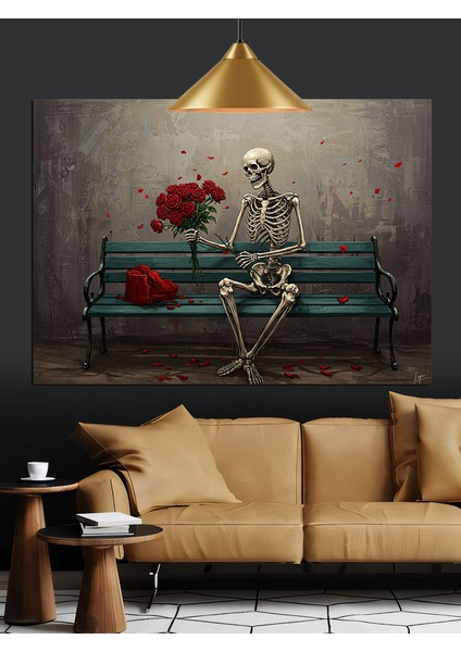 Bankta Oturan Iskelet Dekoratif Kanvas - Mdf Ahşap Tablo indirimleri