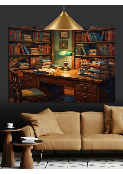 Kitaplarla Dolu Çalışma Odası Dekoratif Kanvas - Mdf Ahşap Tablo