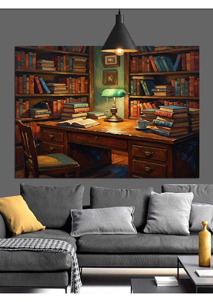 Kitaplarla Dolu Çalışma Odası Dekoratif Kanvas - Mdf Ahşap Tablo fiyatları