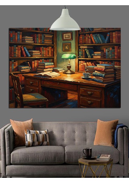 Kitaplarla Dolu Çalışma Odası Dekoratif Kanvas - Mdf Ahşap Tablo modelleri