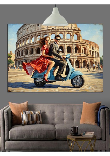 Motosikletli Çift, Roma Kolezyumu Dekoratif Kanvas - Mdf Ahşap Tablo