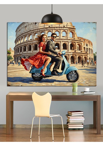 Motosikletli Çift, Roma Kolezyumu Dekoratif Kanvas - Mdf Ahşap Tablo fiyatları