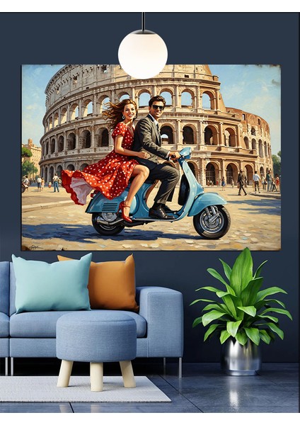 Motosikletli Çift, Roma Kolezyumu Dekoratif Kanvas - Mdf Ahşap Tablo modelleri