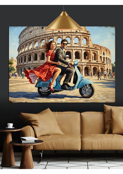 Motosikletli Çift, Roma Kolezyumu Dekoratif Kanvas - Mdf Ahşap Tablo fırsatları