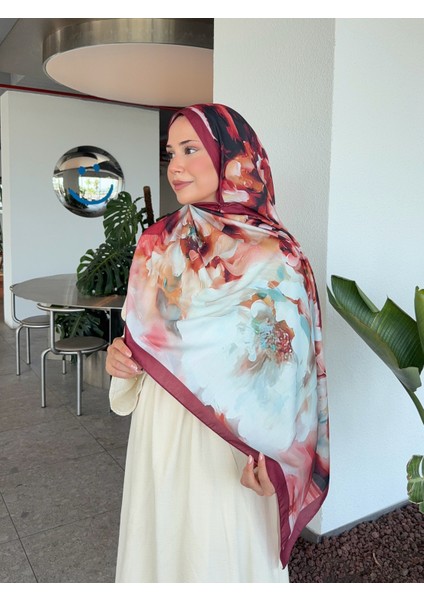 Desenli Pamuk Soft Şal Mena Serisi Bordo Mavi PS94