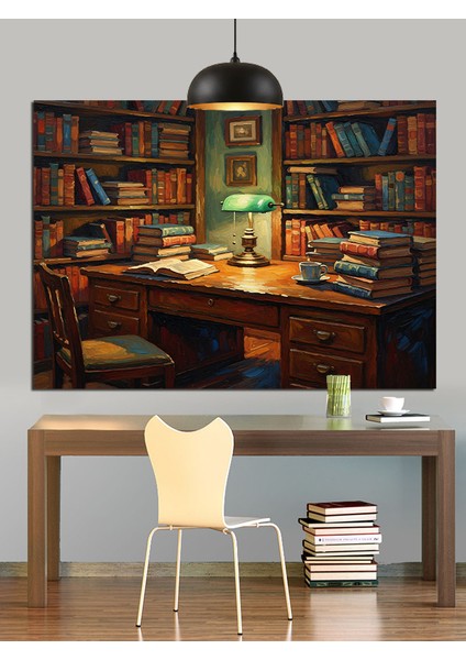 Kitaplarla Dolu Çalışma Odası Dekoratif Kanvas - Mdf Ahşap Tablo fırsatları