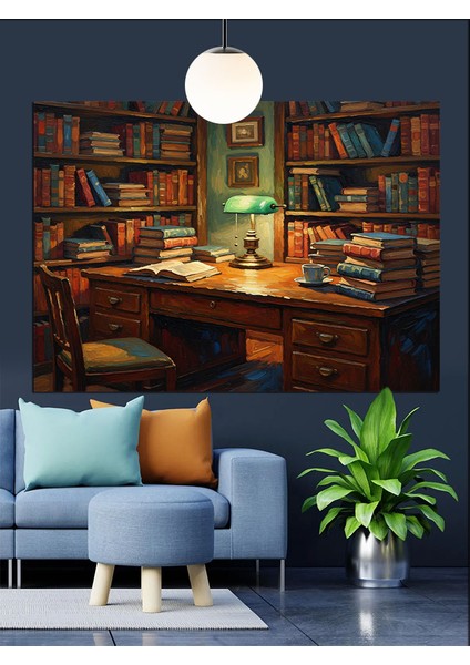 Kitaplarla Dolu Çalışma Odası Dekoratif Kanvas - Mdf Ahşap Tablo indirimleri