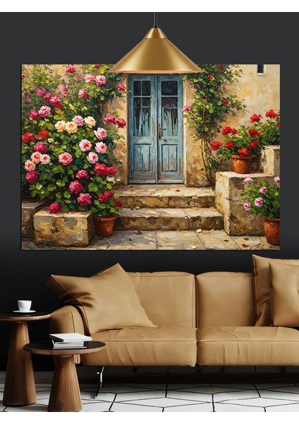 Çiçekli Ev Kapısı Bahçe Dekoratif Kanvas - Mdf Ahşap Tablo