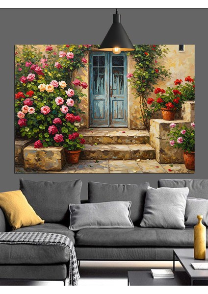 Çiçekli Ev Kapısı Bahçe Dekoratif Kanvas - Mdf Ahşap Tablo fiyatları