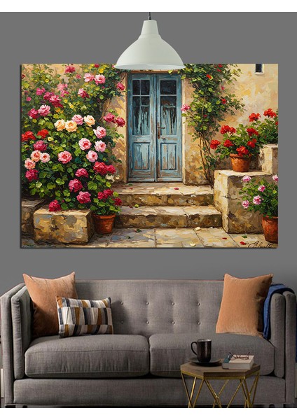 Çiçekli Ev Kapısı Bahçe Dekoratif Kanvas - Mdf Ahşap Tablo modelleri