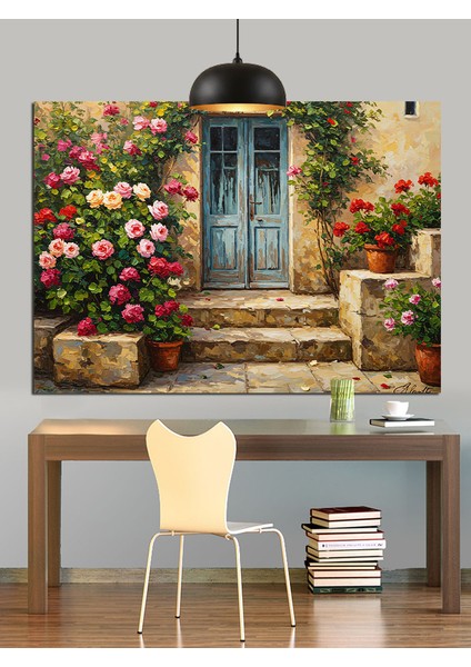 Çiçekli Ev Kapısı Bahçe Dekoratif Kanvas - Mdf Ahşap Tablo fırsatları