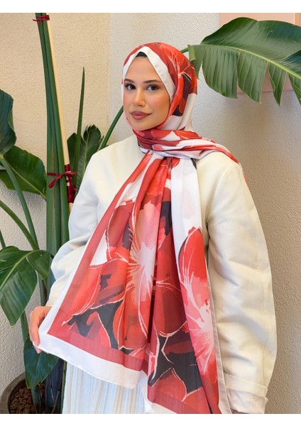 Retro Desen Pamuk Soft Şal Kadın Kırmızı Beyaz PS31