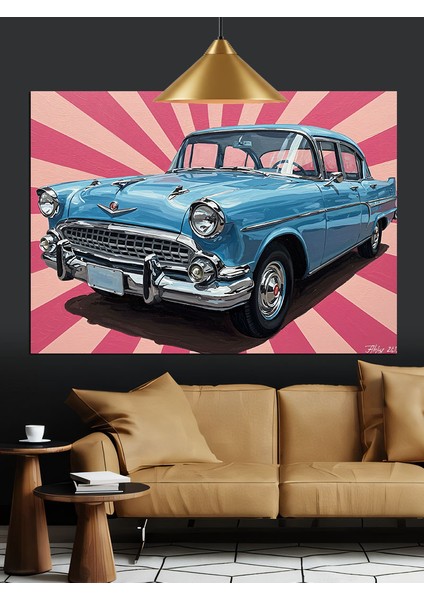 Mavi Klasik Amerikan Otomobili Dekoratif Kanvas - Mdf Ahşap Tablo