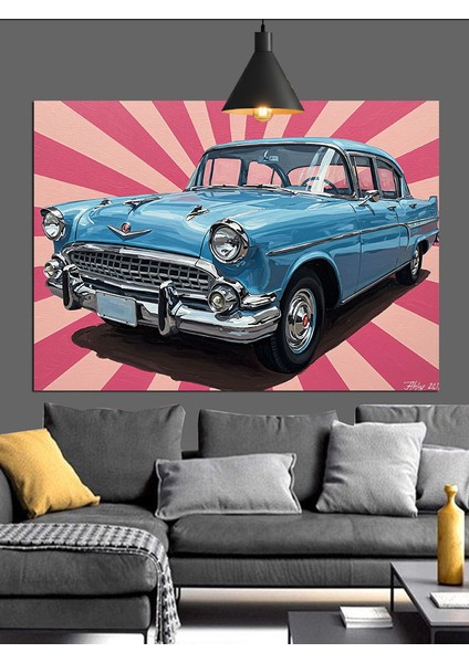 Mavi Klasik Amerikan Otomobili Dekoratif Kanvas - Mdf Ahşap Tablo fiyatları