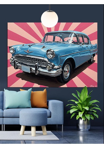 Mavi Klasik Amerikan Otomobili Dekoratif Kanvas - Mdf Ahşap Tablo indirimleri