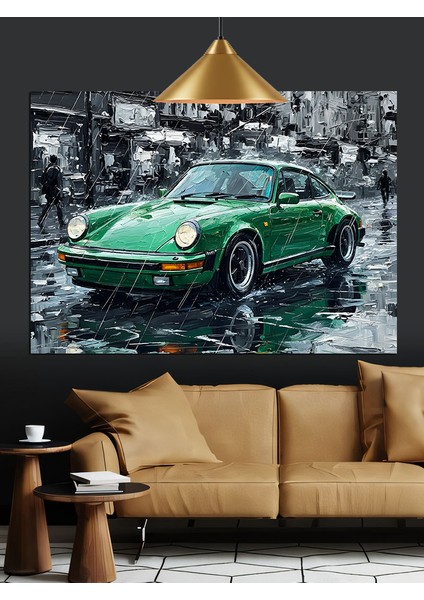 Yağmurlu Sokakta Yeşil Spor Araba Dekoratif Kanvas - Mdf Ahşap Tablo
