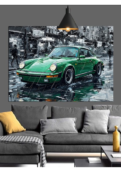 Yağmurlu Sokakta Yeşil Spor Araba Dekoratif Kanvas - Mdf Ahşap Tablo fiyatları