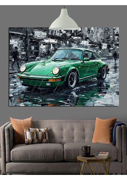 Yağmurlu Sokakta Yeşil Spor Araba Dekoratif Kanvas - Mdf Ahşap Tablo modelleri